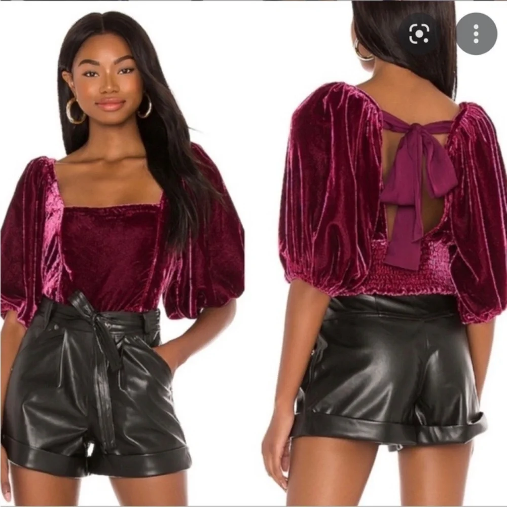 Free People Marie Velvet Open Back Crop Top Balloon Sleeves Red Small NWT